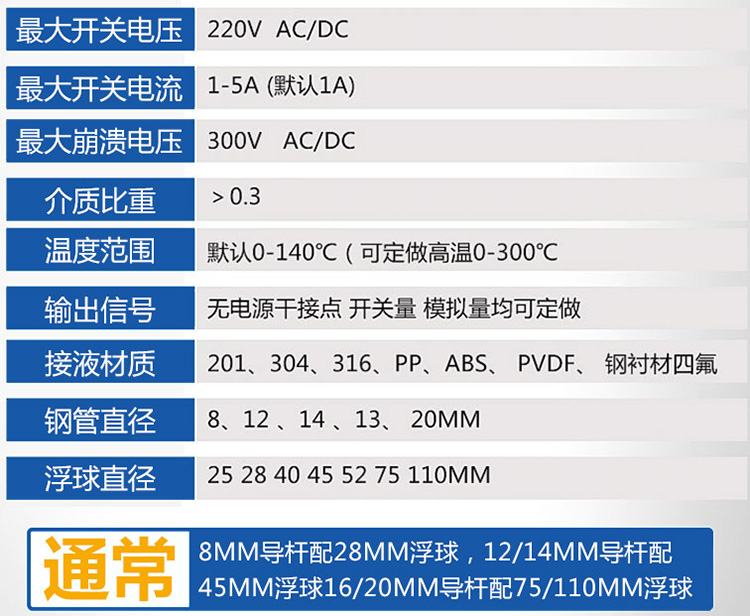 防腐浮球式液位計(jì)技術(shù)參數(shù)對(duì)照表